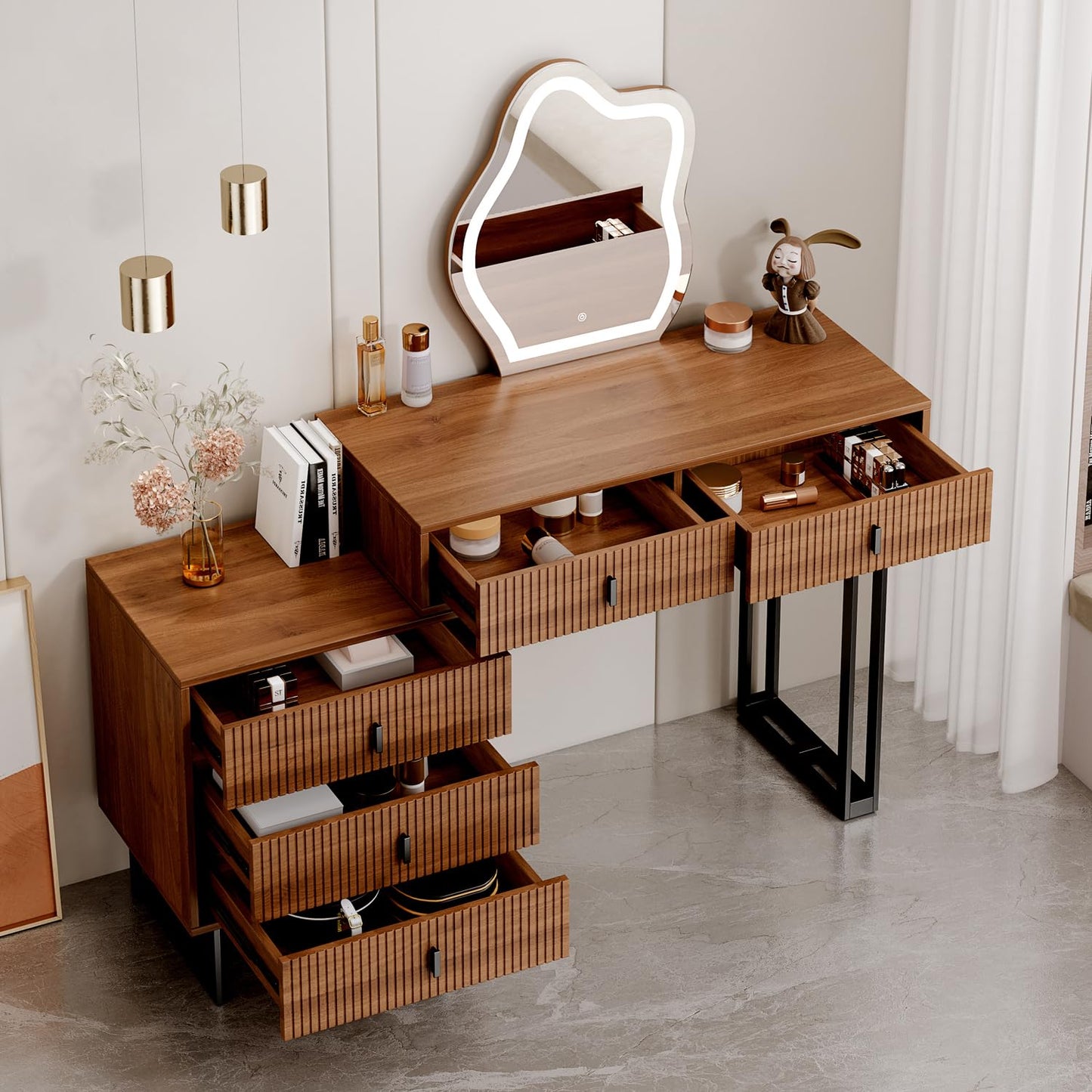 Ieejdn Brown Vanity Desk with Mirror and Lights,Small Makeup Vanity with 5 Drawers,Modern Makeup Table with Adjustable Cabinet for Bedroom,Makeup Room