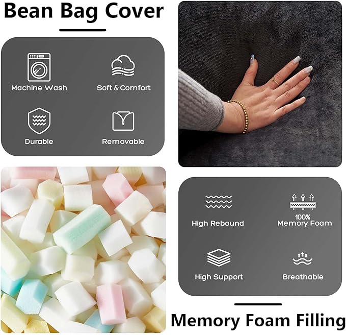 5FT oversized bean bag chairs for adults bean bag with filler included memory foam bean bag Soft and comfortable giant bean bags, living room furniture, suitable for bedroom dorm balcony chairs(Black)