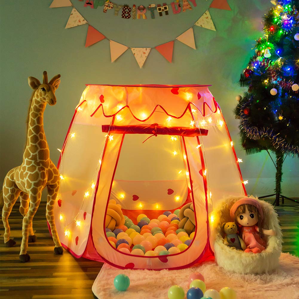 Crayline Pop Up Princess Tent with Star Light, Toys for 1 2 3 Year Old Girl Birthday Gift, Ball Pit for 12-18 Months Baby Girl Toys, Toddler Gift, Easy to Pop Up and Assemble(Pink)