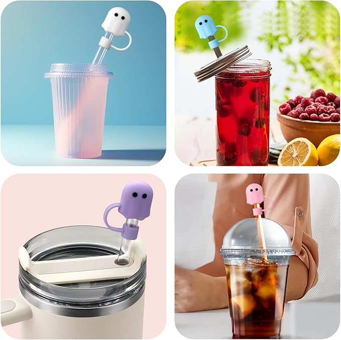 Halloween Silicone Straw Covers Cap for Stanley Cup, Cute Straw Topper for Stanley 30&40 Oz Tumbler, Reusable Dust-Proof Drinking Straw Cover, Set of 4 (Halloween Ghost)