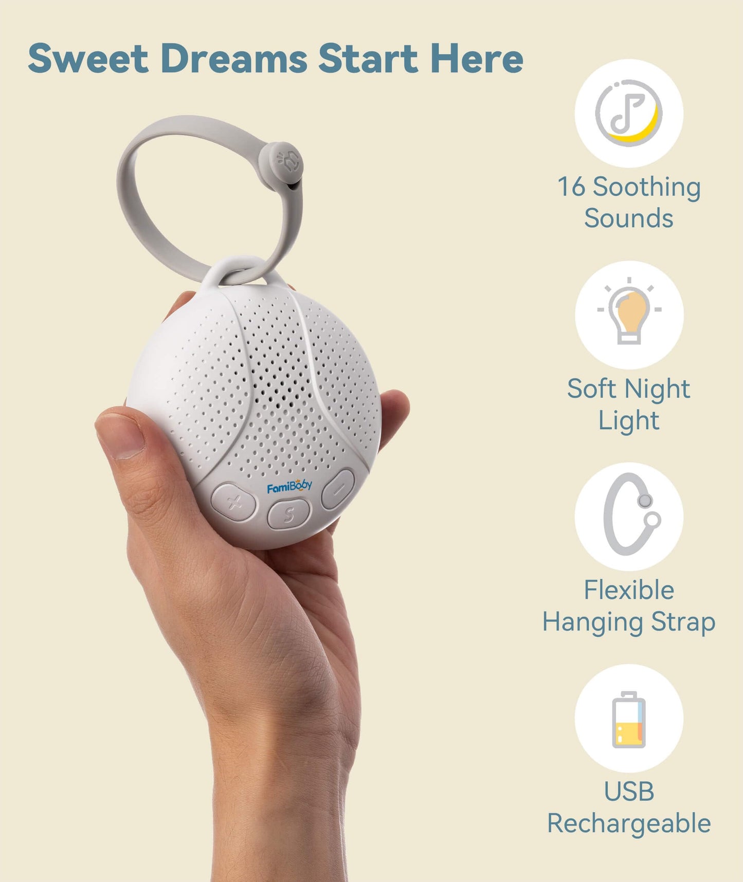 FamiBaby Portable Sound Machine for Baby - White Noise Machine with Night Light for Nursery | 16 Soothing Sounds | Shush | Travel | Registry Gift | Sleep Soother | Baby Shower