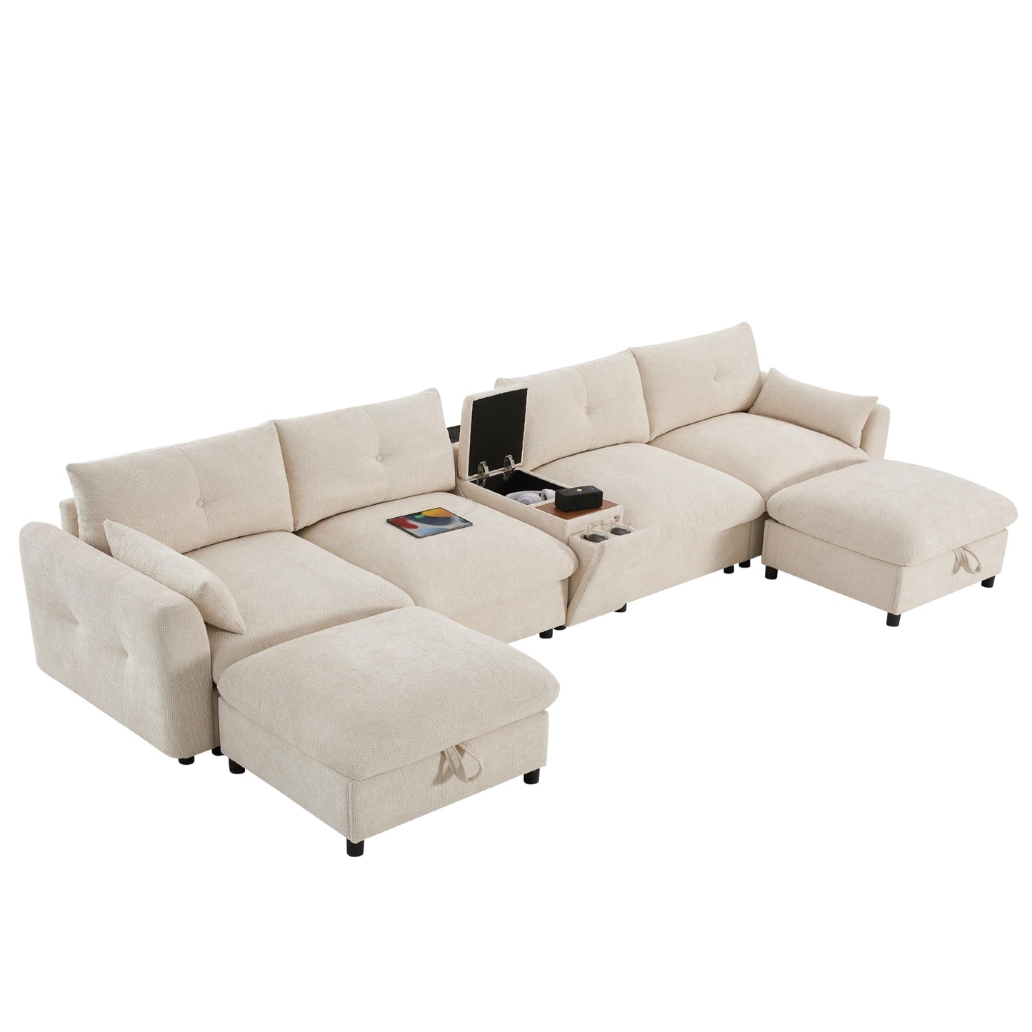 Merax 142'' Modular Sectional Sofa Set with Movable Storage Ottoman and Console, Cup Holder, Wide Seat, 6 Seat U Shaped Couch, Oversized Chenille Sofa with USB Charger for Living Room, Beige