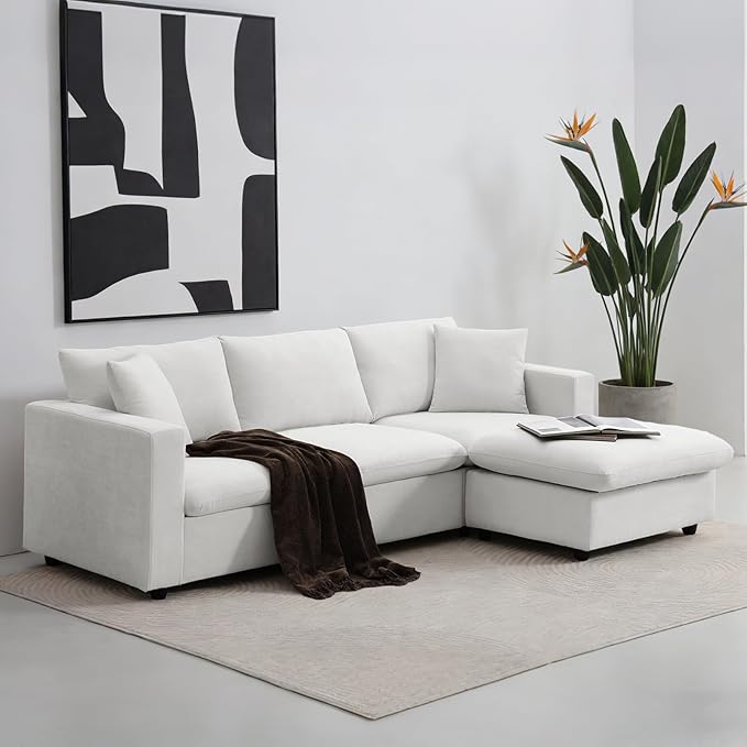 KIVENJAJA White Cloud Couch for Living Room Apartment Small Spaces, Linen L Shaped Modular Sectional Sofa with Convertible Ottoman Chaise, Modern Minimalist, Metal Frame, 100.4" W 3 Seater