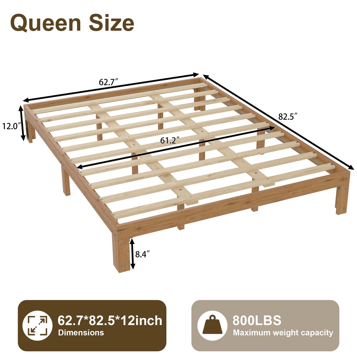 Suheww Wood Platform Bed Frame Queen Size, 12 Inch Bed Frame with Led Lights Mattress Foundation with Charging Station, Heavy Duty Wooden Slat Support, No Headboard, No Box Spring Needed