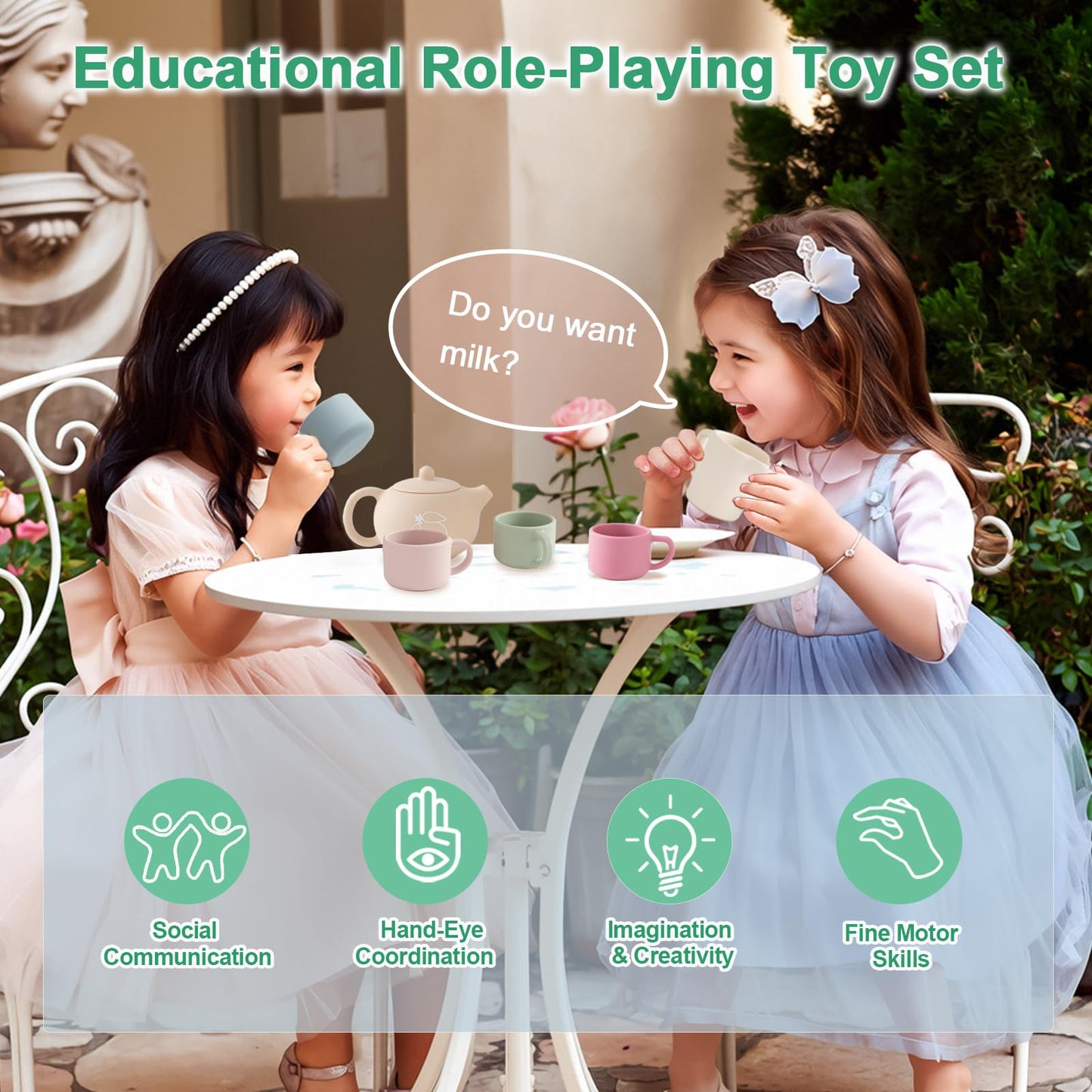 Smartwo Silicone Tea Set for Toddlers Aged 0+ Months,Real or Play Tea Party Set for Kids,Non-Toxic Baby Kitchen Toys,Cute Morandi Children Gift Suitable for Little Girl Boy(with Washable Cloth Napkin)