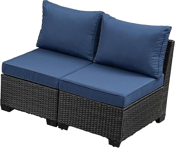 SunloungeCo 2 Piece Outdoor Wicker Armless Sofa, Patio Rattan Sectional Sofa Set with Thick Seat Cushions and 2 Back Cushions for Garden Patio, Backyard, Poolside Navy