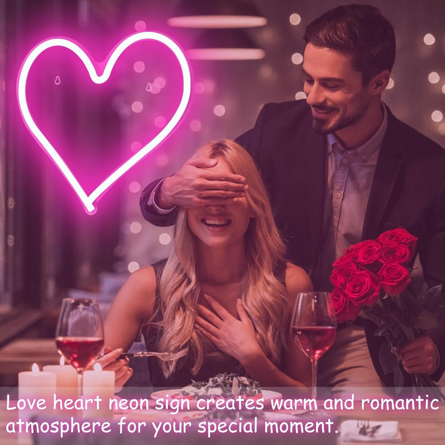 Pink Heart Neon Sign, Neon Heart Light for Wall Decor, Love Hearts LED Light up Sign 13.4×13 Inch Dimmable USB Powered Romantic Light Sign for Bedroom Valentine's Kids Room Wedding Party Decoration