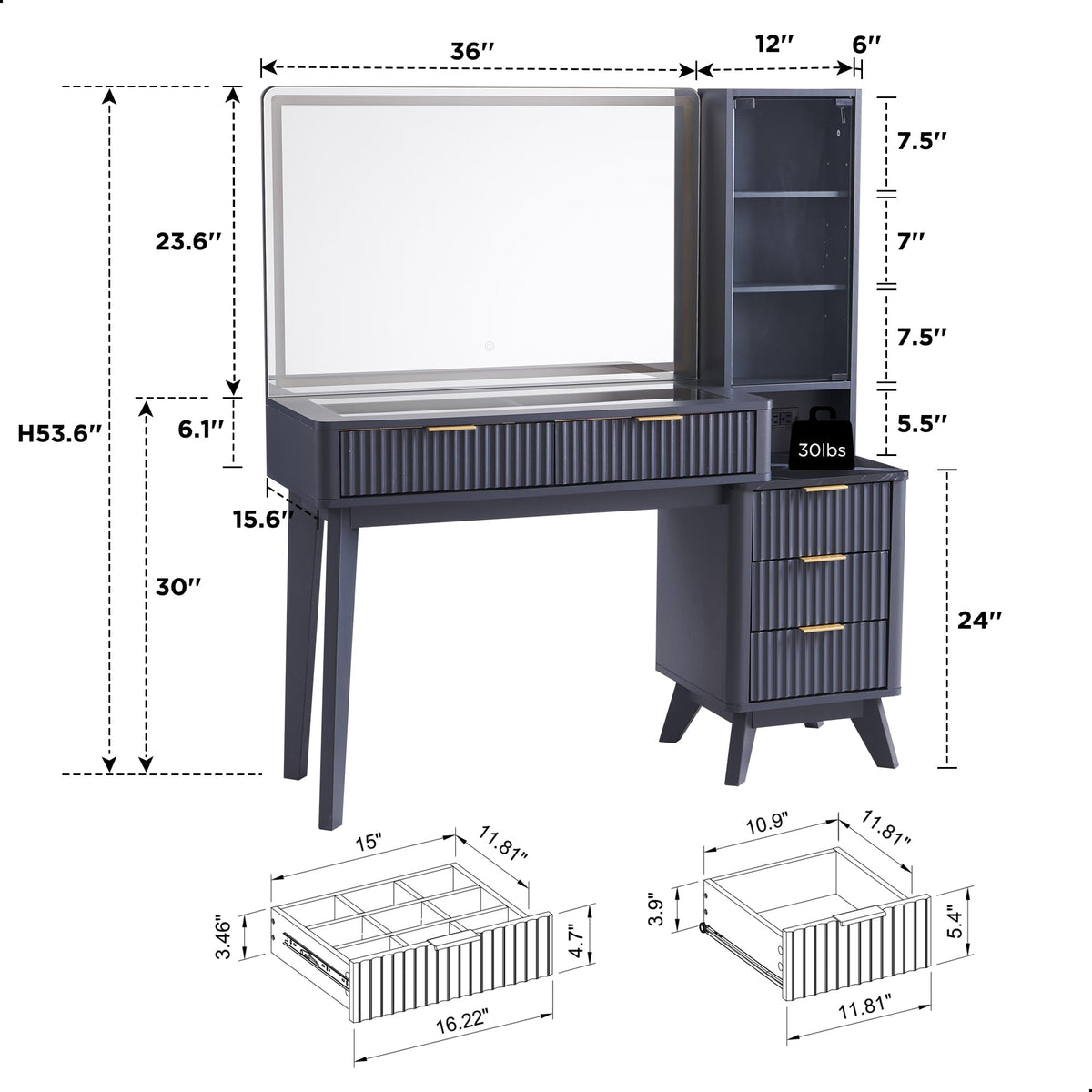 T4TREAM 48" Fluted Makeup Vanity Desk with Large 36" Mirror and Lights, Modern Glass Top Big Vanity Table with 5 Drawers & Adjustable Shelf, Dressing Table w/Charging Station for Bedroom, Dark Grey