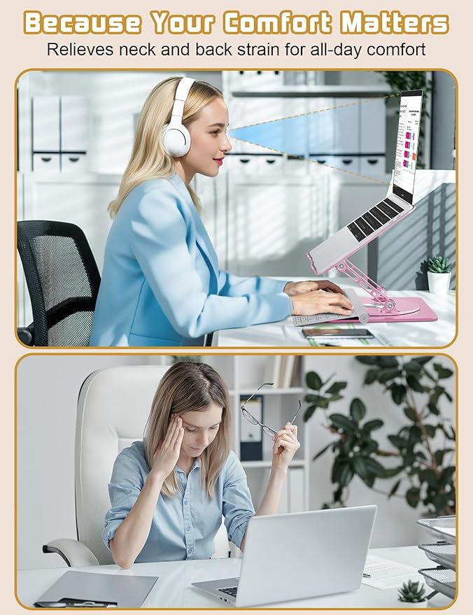 Axbima Adjustable Laptop Stand for Desk-360° Rotating Foldable Laptop Holder Ergonomic Laptop Riser for MacBook Pro/Air Dell HP Lenovo Notebook up to 16",Pink