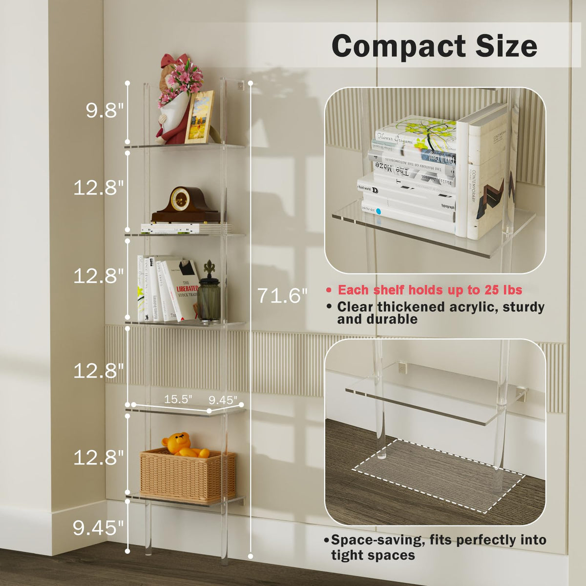 Nynelly 5-Tier Acrylic Ladder Bookshelf, Wall Mounted Narrow Display Shelf for Small Spaces, Clear Organizer Bookcase for Living Room, Bathroom, Office, Multipurpose Open Shelf Unit