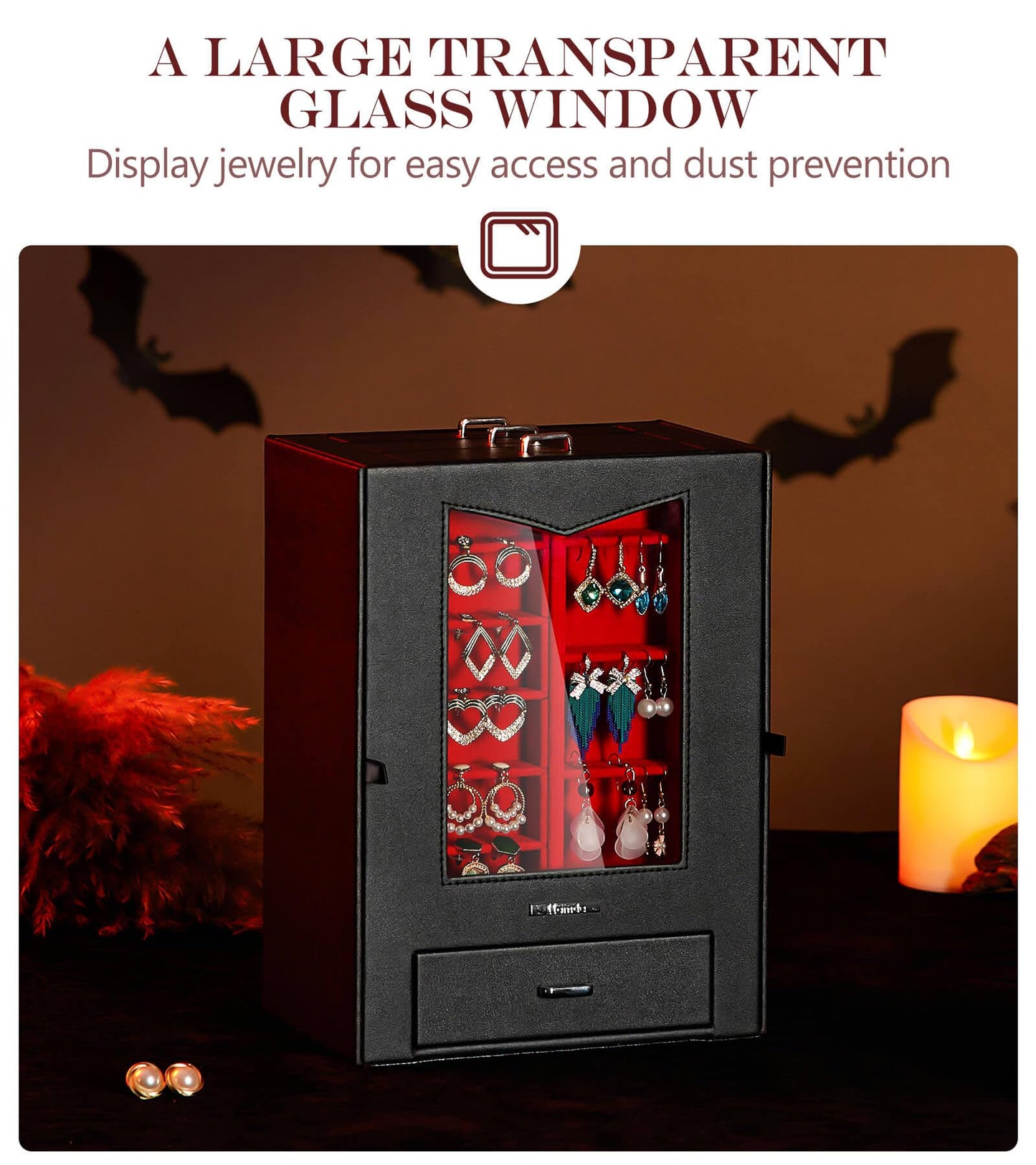 Homde Jewelry Organizer with Transparent Window Necklace Hooks Gift for Women Jewelry Box Display Case for Necklaces Rings Earrings Bracelets and Other Accessories (Black + Red)