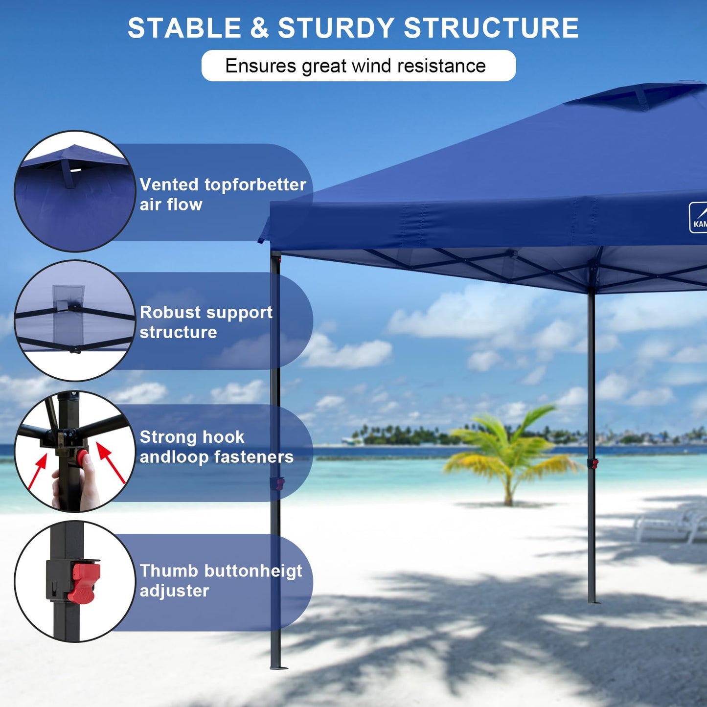KAMPKEEPER 10x10 Pop Up Canopy Tent with 2 Sidewalls, Beach Tent - Easy Outdoor Sun Shade for Events, Parties, Camping - Gazebo with 4 Weight Bags & Carry Bag.(Navy Blue)