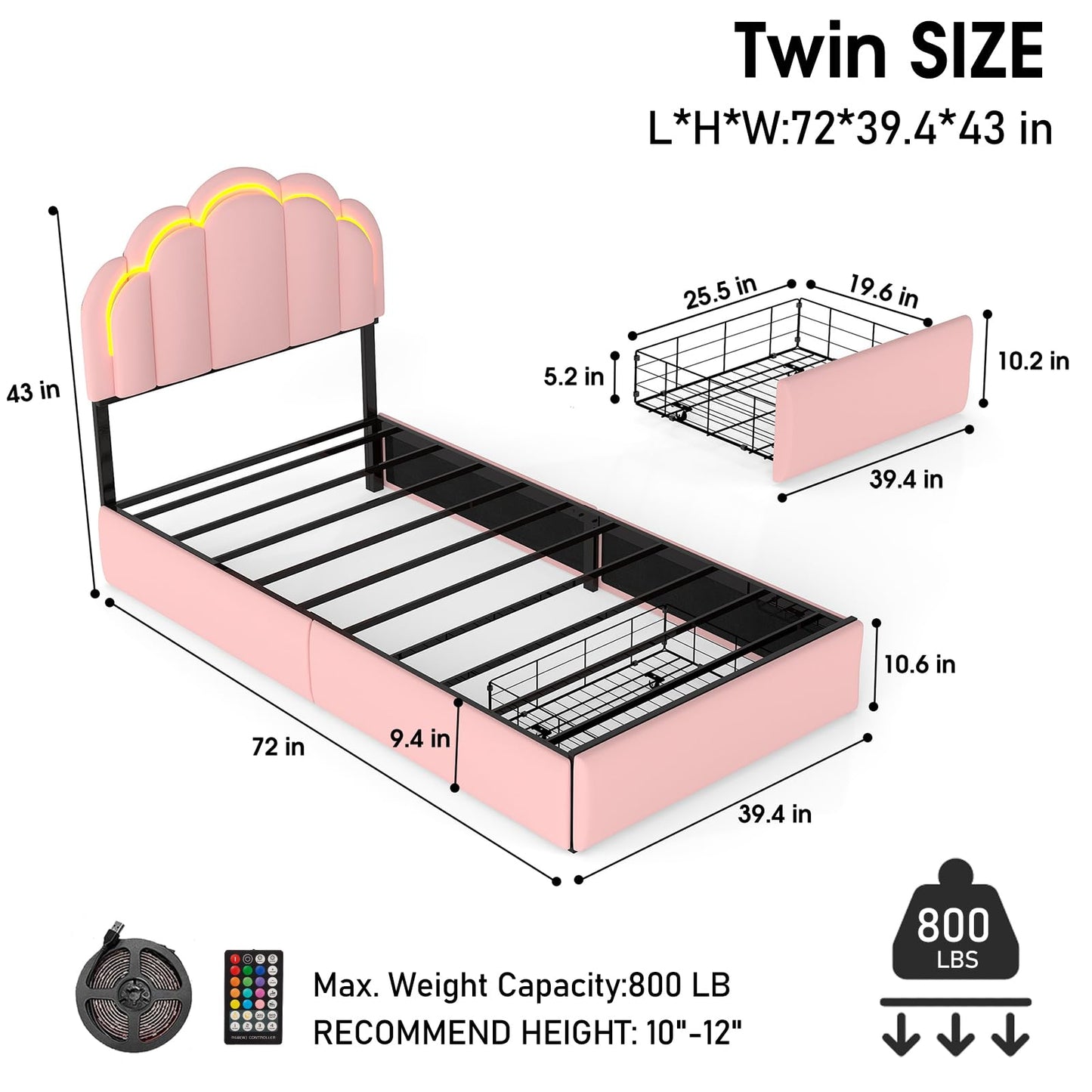 yenlacy Twin Upholstered LED Bed Frame with Storage Drawer, Cute Girls Bed with Petal-Shaped Headboard, Velvet Princess Platform Bed Frame, Metal Slats Support, No Box Spring Needed, Pink
