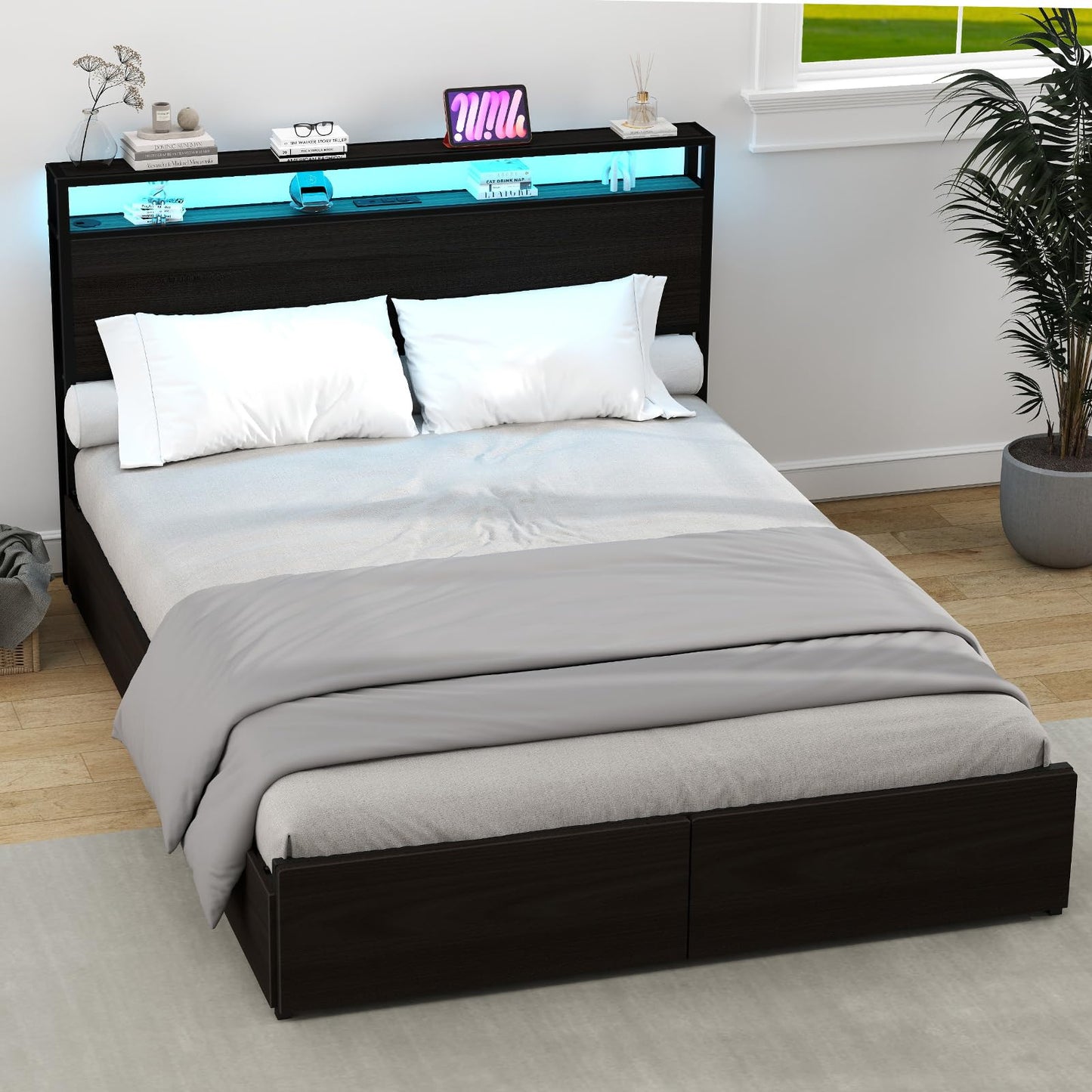 Kiivakii Full Size Bed Frame with Headboard, LED Platform Bed with 6 Storage Drawers, Built in Charging Station, Noise-Free, Metal Support Base, No Box Spring Needed, Black
