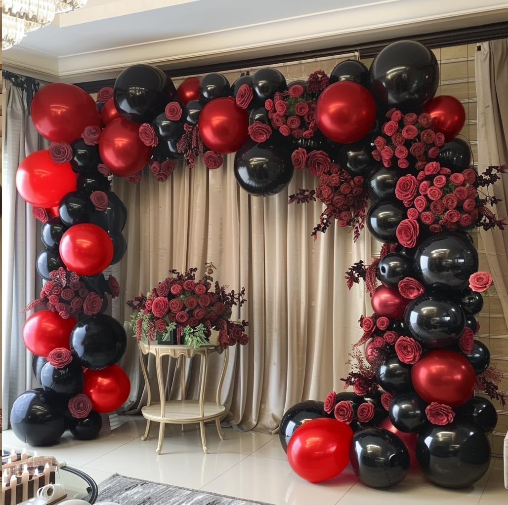Black Red Balloon Garland Double Stuffed Burgundy Black Balloons Maroon Ruby Red Balloon Arch for Birthday Wedding Halloween Graduation Love Christmas Party Decorations