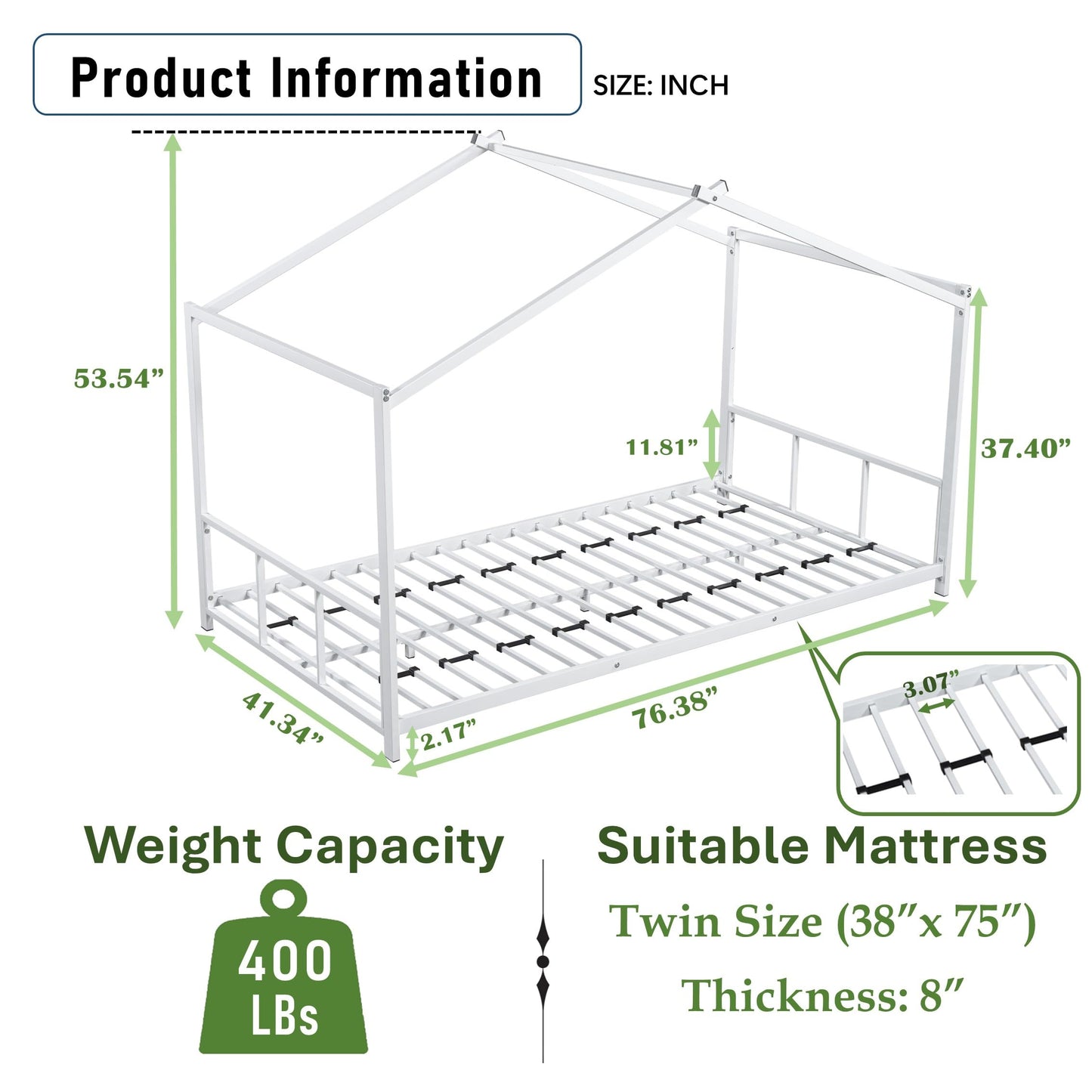 LINKHOO Twin Size Montessori Floor Bed with Roof, Metal House Bed with Soundproofing Slat Locking and Footboard for Boys and Girls, Easy to Assemble, No Box Spring Needed, White