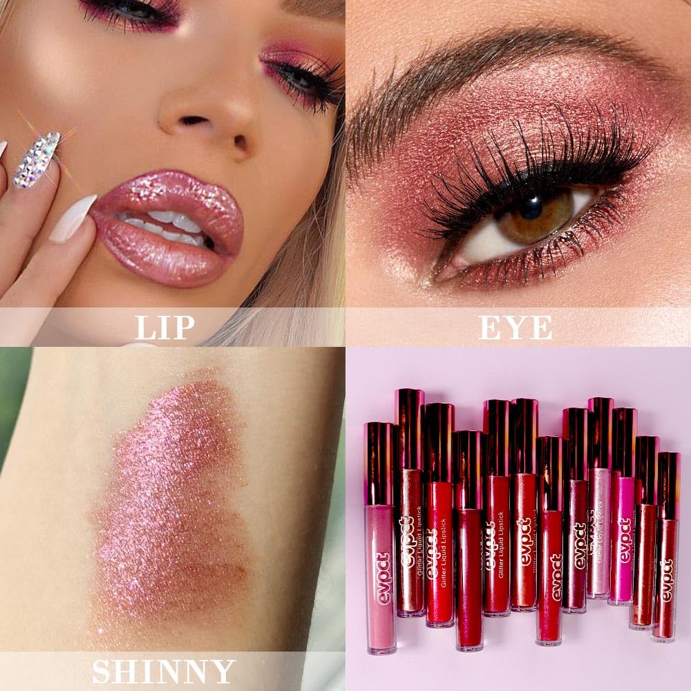 evpct 2Pcs Mauve Red & Bronze Gold Matte to Glitter Liquid Lipstick Long Lasting Lip Set Kit for Women Diamond Shiny Glitter Sparkly Glossy Metallic Shimmer Sparkle Waterproof Lipstick Lip Gloss 02+05