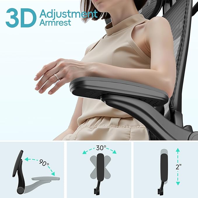 Alllion Ergonomic Mesh Office Chair, Home Desk Chair Comfy High Back with Adjustable Lumbar Support, 3D Headrest, Flip-up Arms, Big and Tall Reclining Computer Gaming Chairs for Men Women, Black