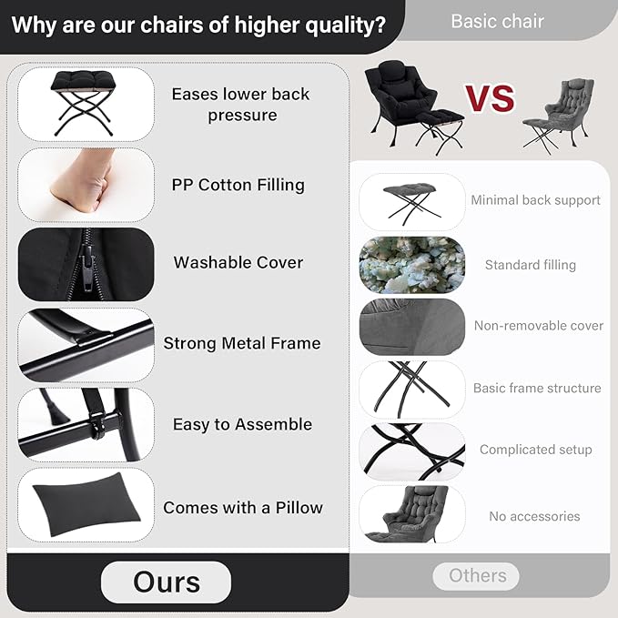 Furlide Lazy Chair with Ottoman, Comfy Fabric Accent Lounge Arm Chair with Lumbar Pillow and Folding Footrest, Reading Leisure Sofa Chair for Bedroom, Living Room, Dorm,Black