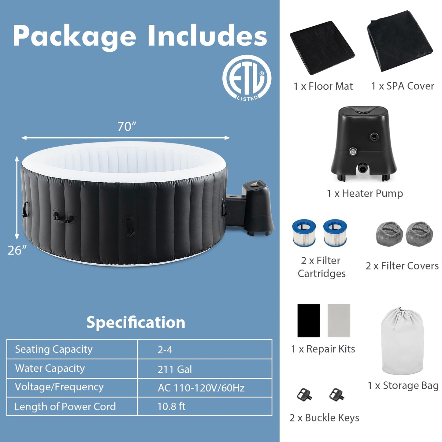 GYMAX Hot Tub, Inflatable Hot Tub with 110 Soothing Bubble Air Jets, Insulated Lockable Cover, Ground Mat & Filter Cartridges, Outdoor Blow Up Spa Tub for Backyard, Patio (Round, 2-4 Person)