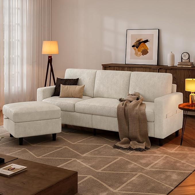 POYISOU Sectional Couches for Living Room, L Shaped Couch with Storage Ottoman, Small Sofa Corduroy Couch with Side Pockets, Modern 3 Seater Convertible Sofa for Apartment, Office, Beige
