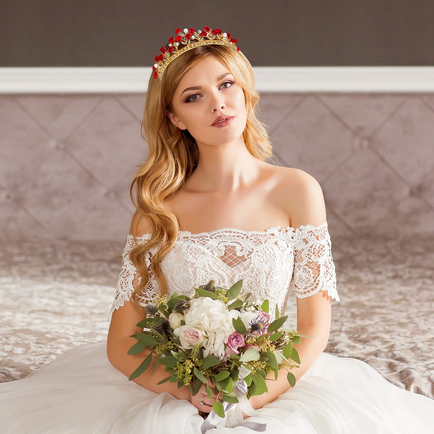 Lurrose 2pcs Rose Designed Bride Headdress Wedding Hair Crown Rose Rhinestone Crown Wedding Girl Tiara Headdress