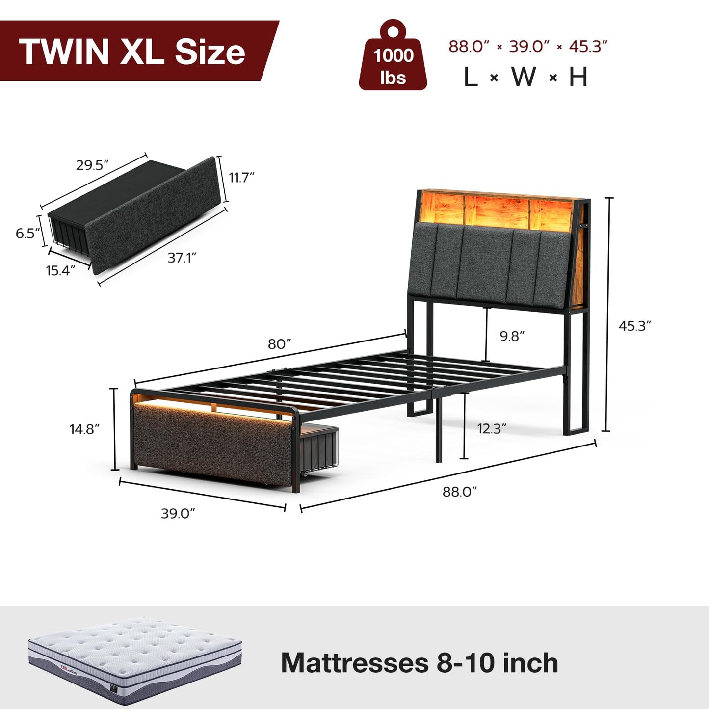 IKIFLY Twin XL Bed Frames with Ergonomic Hidden Storage Headboard & Dustproof Storage Drawer, Upholstered Twin XL Platform Bed with Charging Station and LED Lights, No Box Spring Needed, Dark Grey