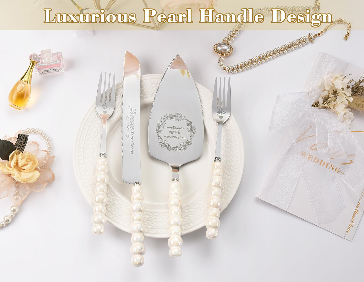 BEKESIN Wedding Cake Knife and Server Set,Ceramic Pearl Handle Cake Cutting Set for Weddings, Engagements, Anniversaries, and Engagement Gifts for Couples