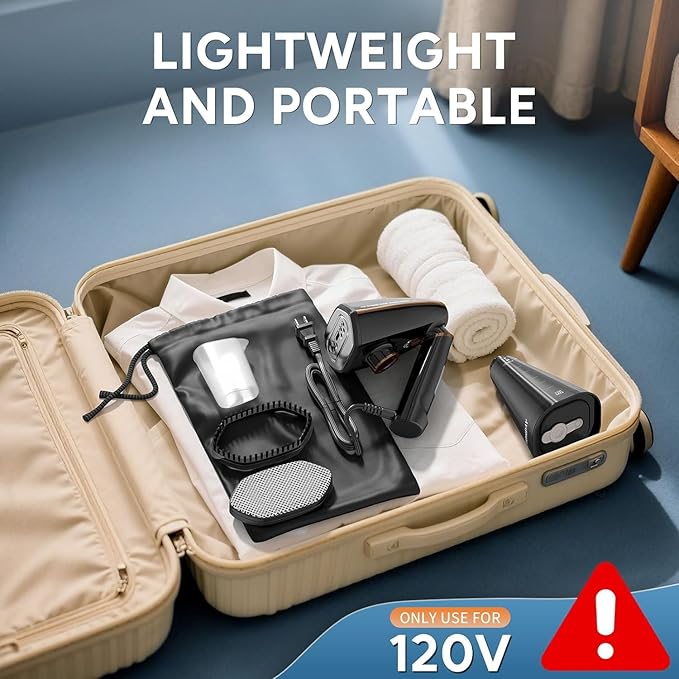 Travel Steamer for Clothes,25s Fast Heat-up,2 Steam Levels,1200W Garment Steamer,350ml Detachable Water Tank,Auto Shutoff,Portable Foldable Handheld Fabric Wrinkle Remover (120V Only)