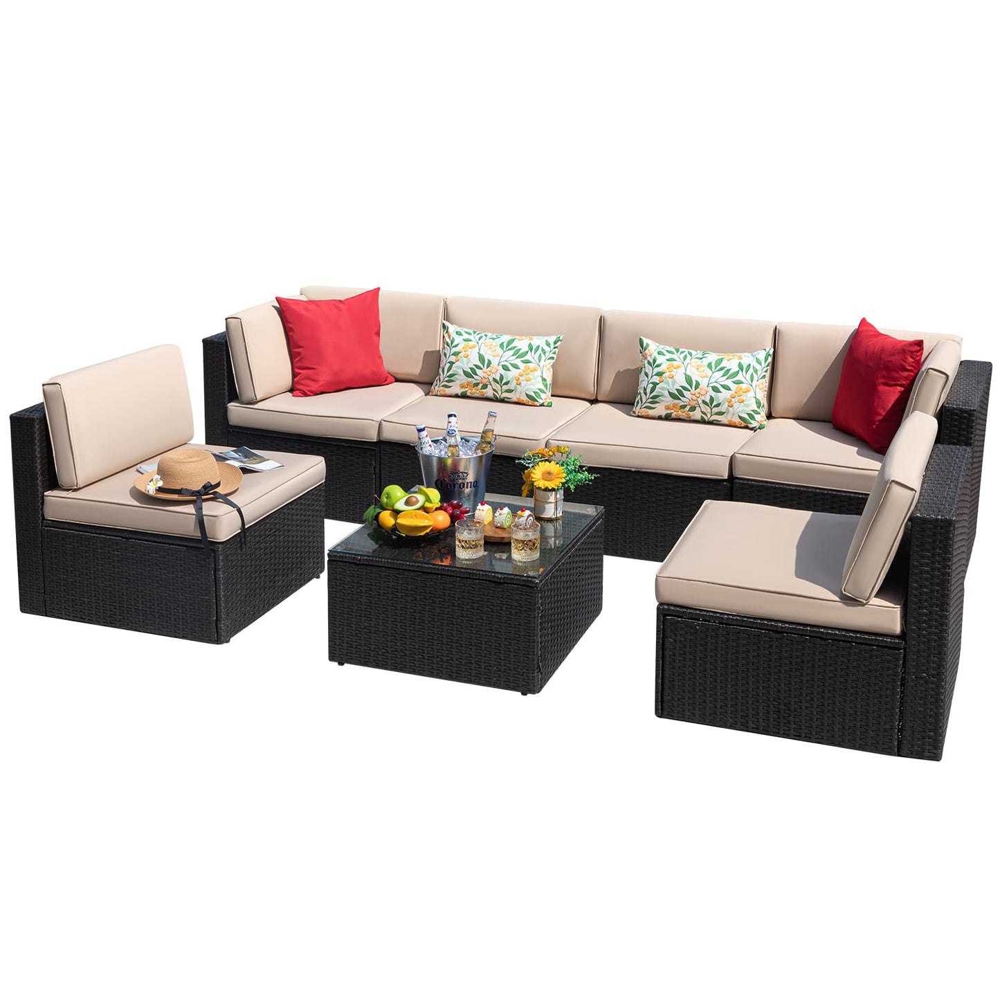 Devoko 7 Pieces Outdoor Sectional Sofa Patio Furniture Sets Manual Weaving Wicker Rattan Patio Conversation Sets with Cushion and Glass Table (Beige)
