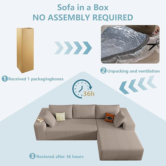 96" Cloud Sectional Couch with L-Shape Chaise, Modern Corduroy Boneless Couch for Living Room,Memory Foam Sofa with Deep Seat,No Assembly Required (Camel,Right-Facing Chaise)