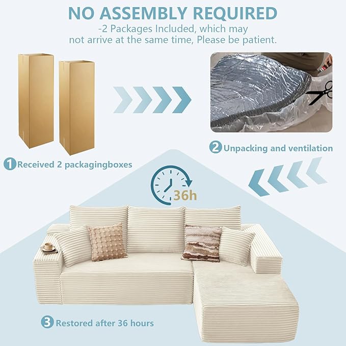 107" W Cloud Sectional Couch with L-Shape Chaise, Modern Corduroy Boneless Couch for Living Room,Memory Foam Sofa with Deep Seat,No Assembly Required (White,Right-Facing Chaise)