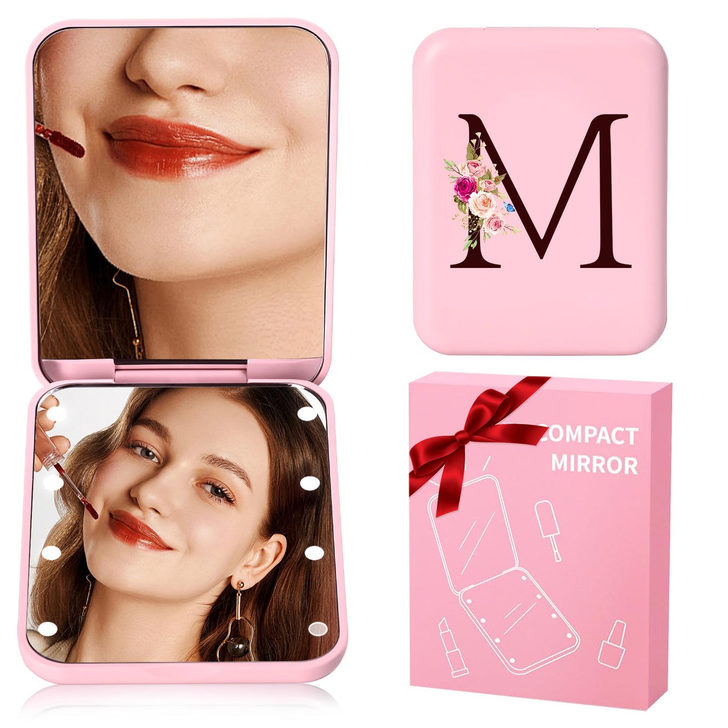 KEWWADB Travel Mirror with Lights, Initials Portable Compact Mirror, Travel Essentials, Suitable Gifts for Mom(Pink,M)