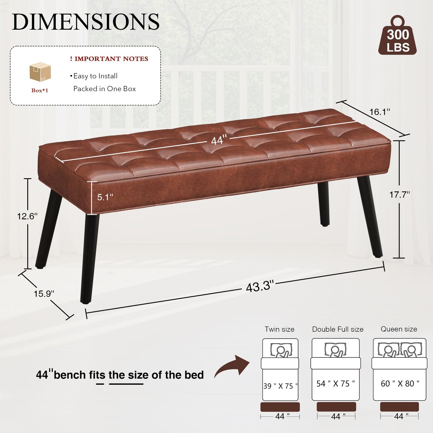 LOULENS 40'' PU Leather Tufted Ottoman Bench, Modern Upholstered End of Bed Bench, Waterproof Leather Entryway Bench with Wood Legs, Accent Footrest for Living Room, Brown