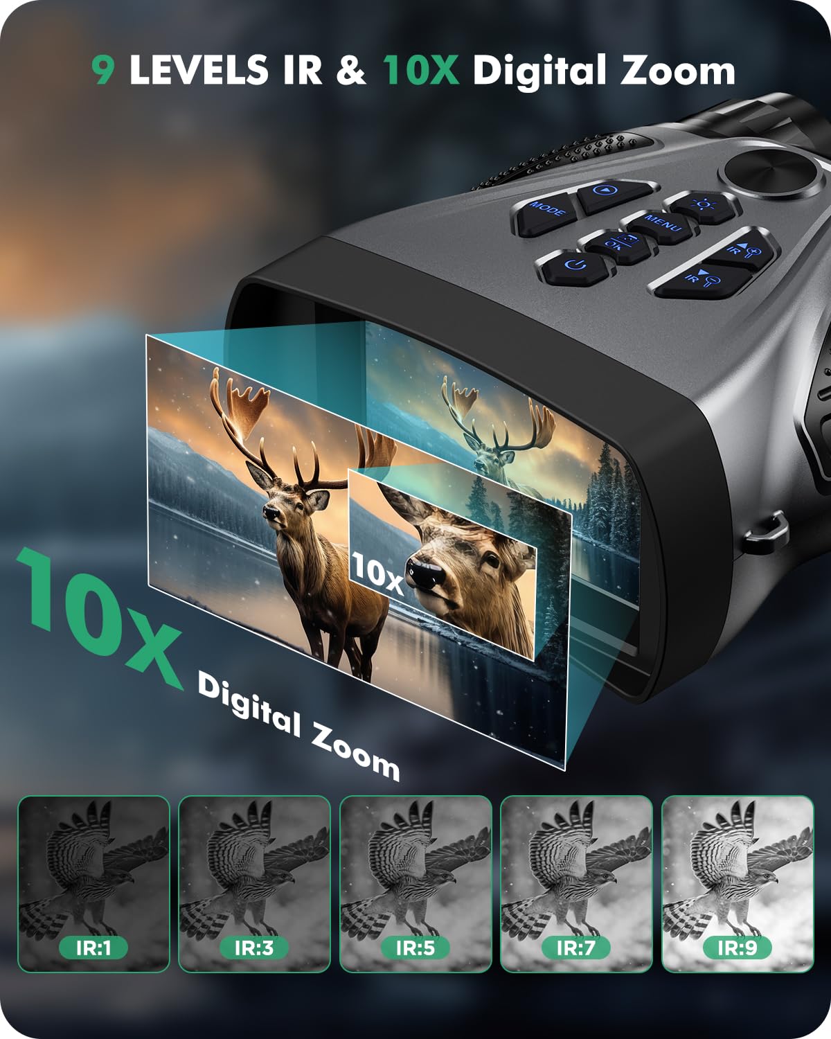 BUSHBINOC Night Vision Goggles, 4K Night Vision Binoculars, 4.0" HD Screen Binoculars, 10X Digital NightVision for Adults, 9 Gear Infrared, 4000mAh Battery Gray with 32GB TF Card