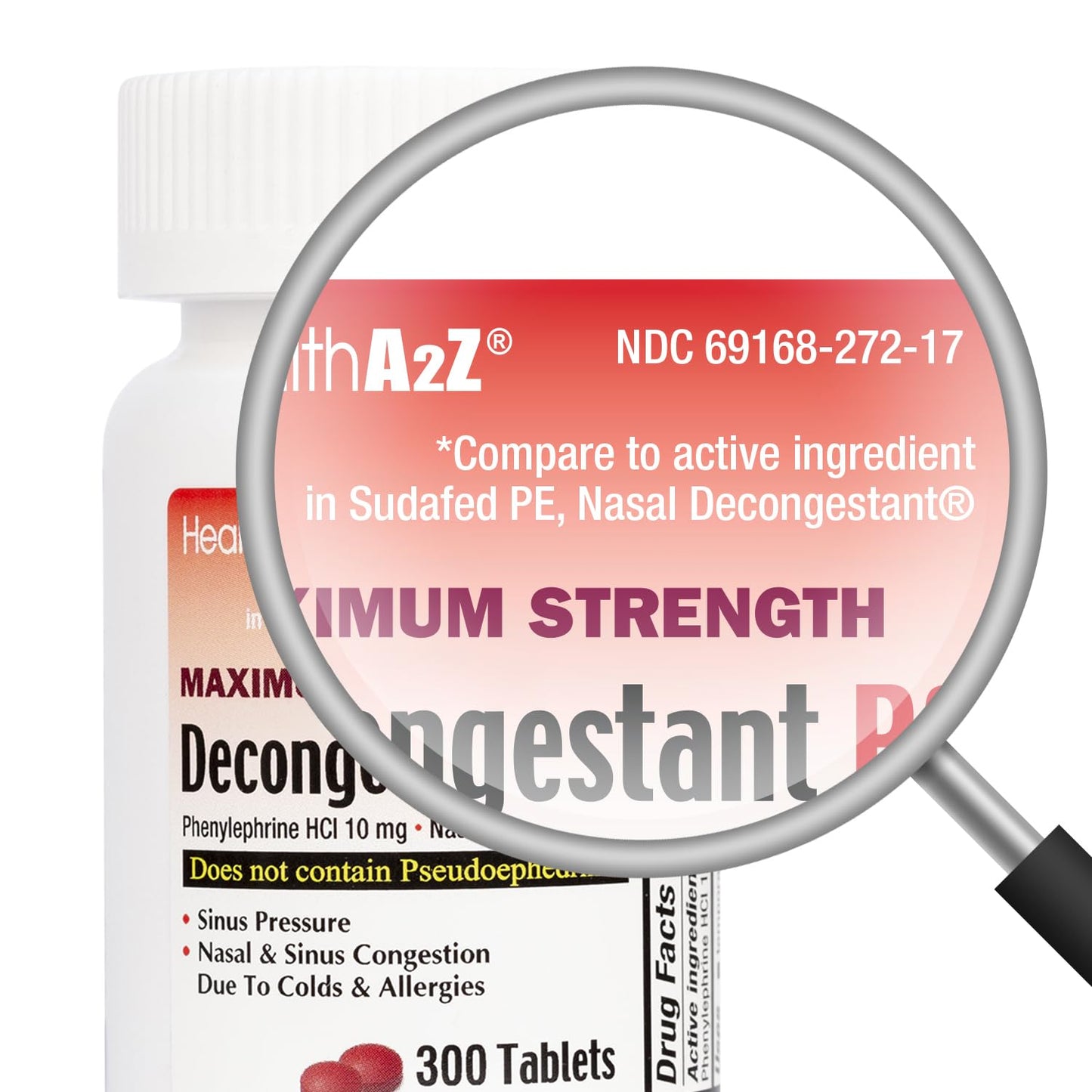 HealthA2Z® Decongestant PE | Phenylephrine HCl 10 mg | Maximum Strength | Nasal & Sinus Congestion Relief Due to Cold & Allergies (300 Count (Pack of 2))