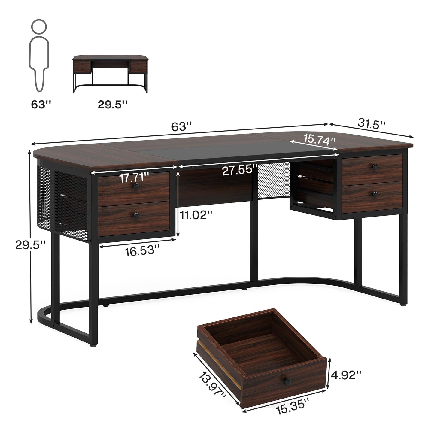 Tribesigns 63-Inch Executive Desk with 4 Drawers, Large Home Office Desk Computer Desk, Business Furniture Desk Workstation for Home Office, Dark Walnut