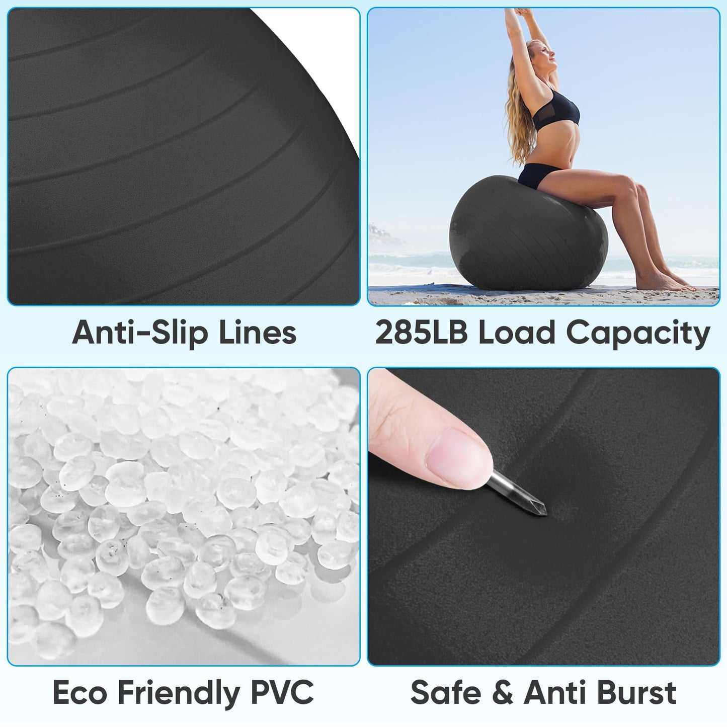 APEXUP Yoga Ball Exercise Ball, Anti Slip Stability Ball Chair, Heavy Duty Large Gym Ball for Fitness, Balance, Core Workout and Physical Therapy (S (15"~18") 45cm, Black)