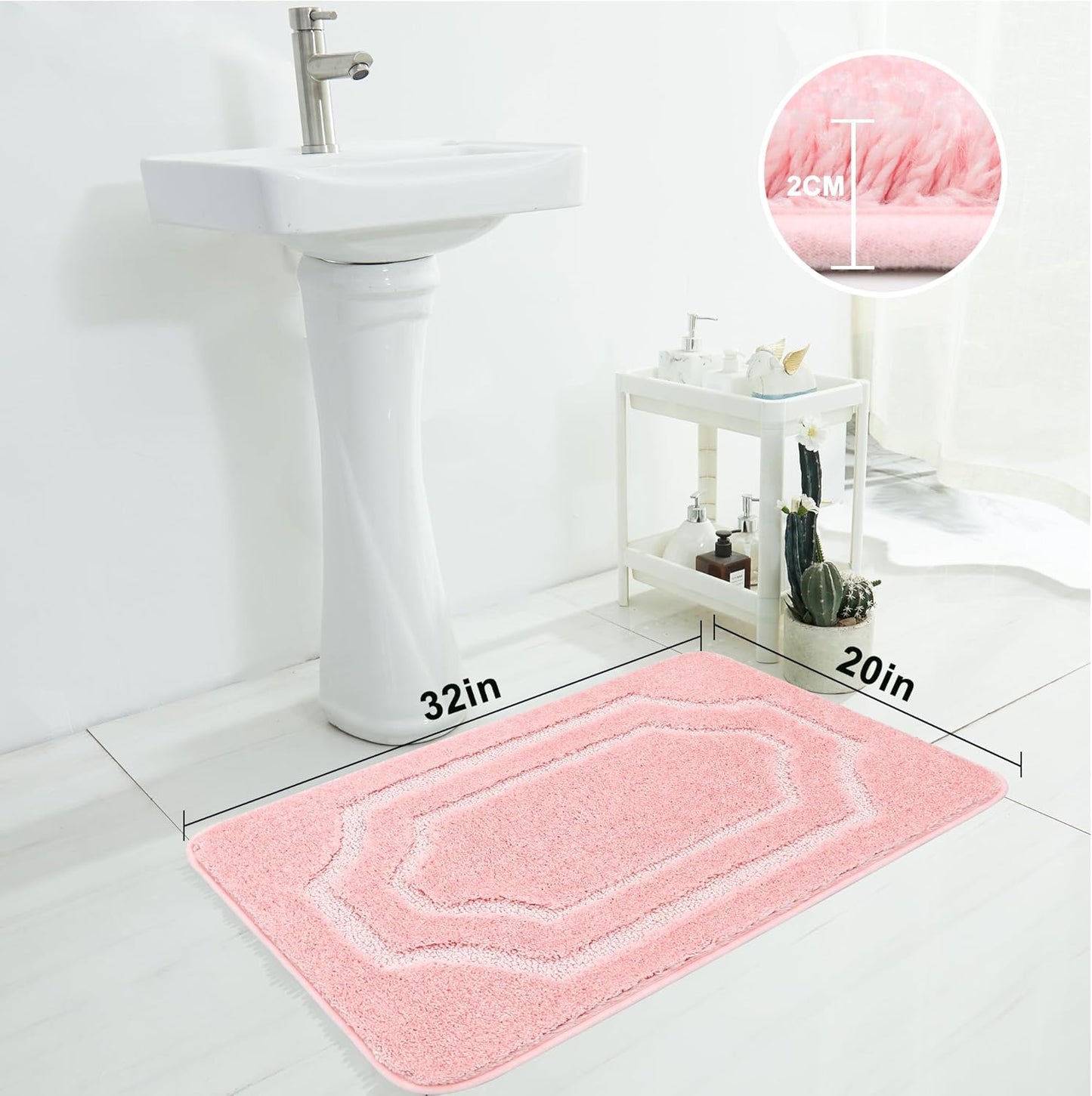 BEQHAUSE Bathroom-Rugs-Non-Slip-Bath-Mats for Bathroom Soft and Absorbent Polyester Microfiber Pink Bath Mat Machine Washable Shaggy Shower Mat for Bathrooms, Bathtub and Sink, 20" x32”
