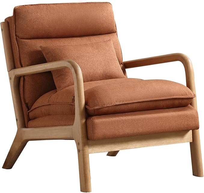 IOMOR Mid Century Modern Accent Chair, Upholstered Lounge Armchair with Plump Back Pillow, Comfy Reading Chair with Solid Wood Frame for Bedroom Living Room, Brown