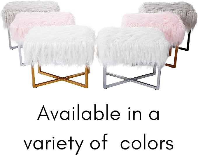 BIRDROCK HOME Rectangular Pink Faux Fur Foot Stool Ottoman with Gold Legs - Vanity Chair - Soft Compact Padded Seat - Bedroom and Kids Room Chair - Metal - Fluffy Makeup Seat Furniture