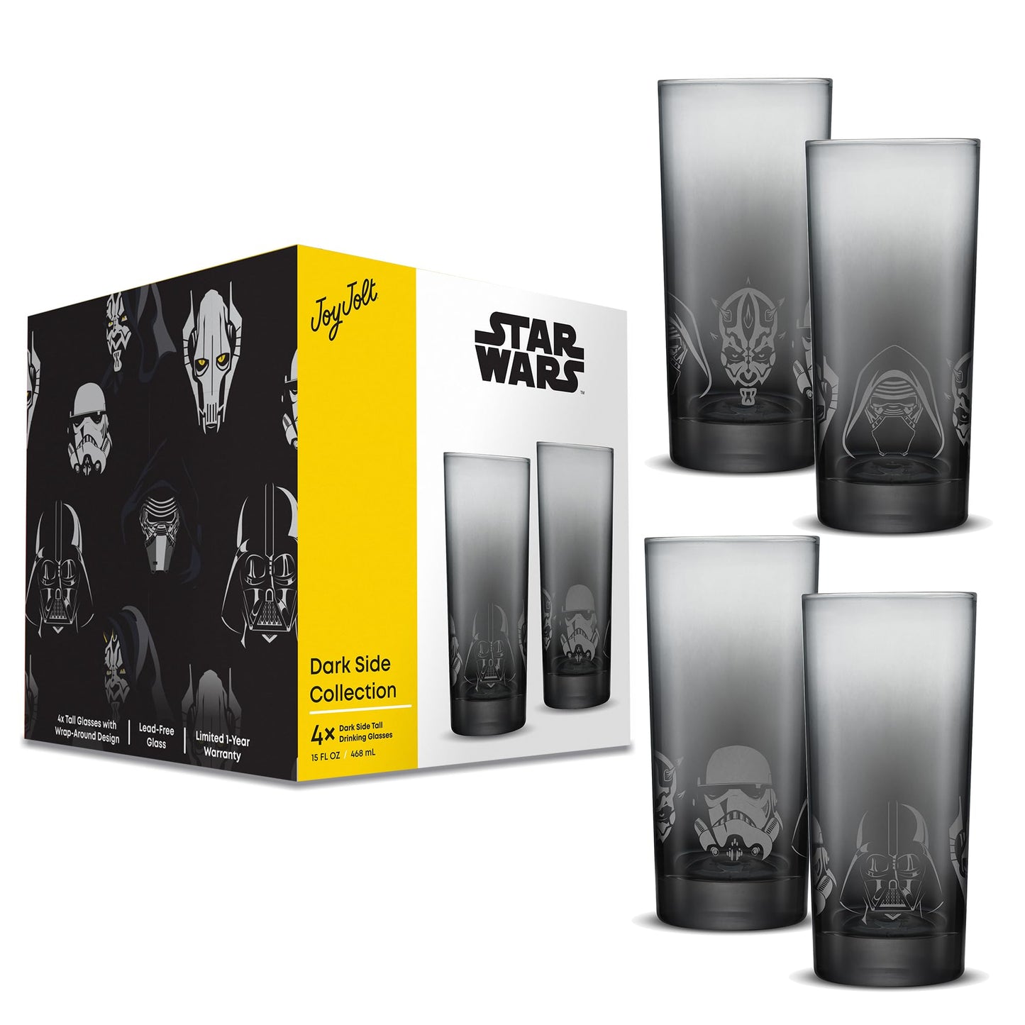 JoyJolt Star Wars Dark Side Drinking Glasses Set of 4, 15oz Highball Glasses, Tall Glass Cups ft Darth Vader Stormtrooper Darth Maul Kylo Ren and General Grievous, Star Wars Merch