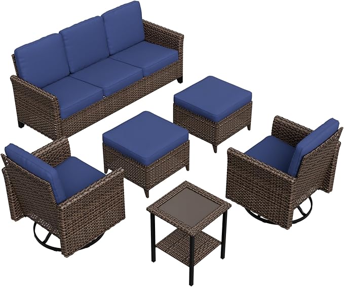 COOS BAY Harbor Retreat 6 Piece Outdoor Furniture Set, Patio Conversation Set with Swivel Rocking Chairs, 3 Seat Couch, Side Table and Ottomans, Wicker Furniture, Brown/Blue