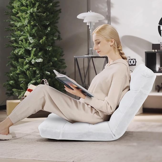 MAT EXPERT 14-Position Floor Chair, Floor Gaming Chair w/Soft Coral Fleece, Alloy Steel Frame, Padded Lazy Couch Recliner, Floor Chair w/Back Support for Reading, Meditating (White)