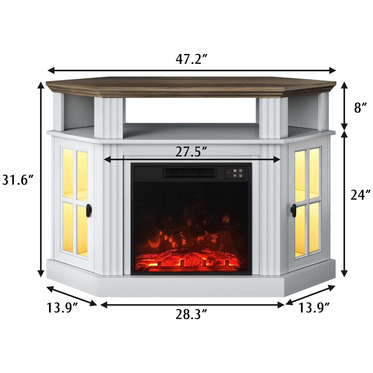 YESHOMY LED Corner Fireplace TV Stand with Mood Lighting, for TVs up to 55" with Storage Cabinets, Entertainment Center, Media Console for Living Room, Bedroom, White&Rustic