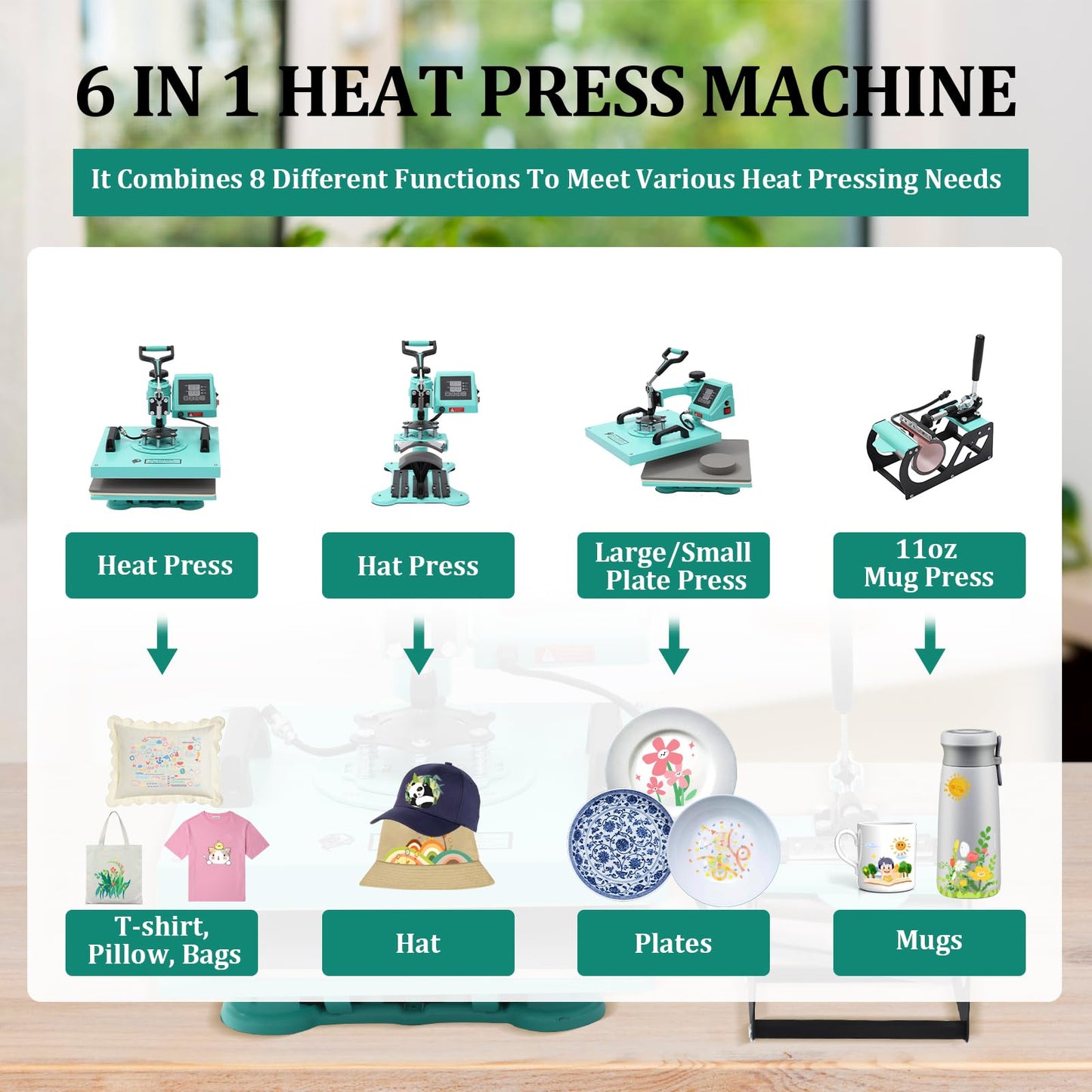 GarveeHome 6 in 1 Heat Press Machine, 15x15 inch Sublimation Heat Press, 360° Swing Away Digital Heat Transfer Multifunction Heat Transfer Sublimation Combo for T-Shirt, Cap, Mug, Plate, Pillow, Bag