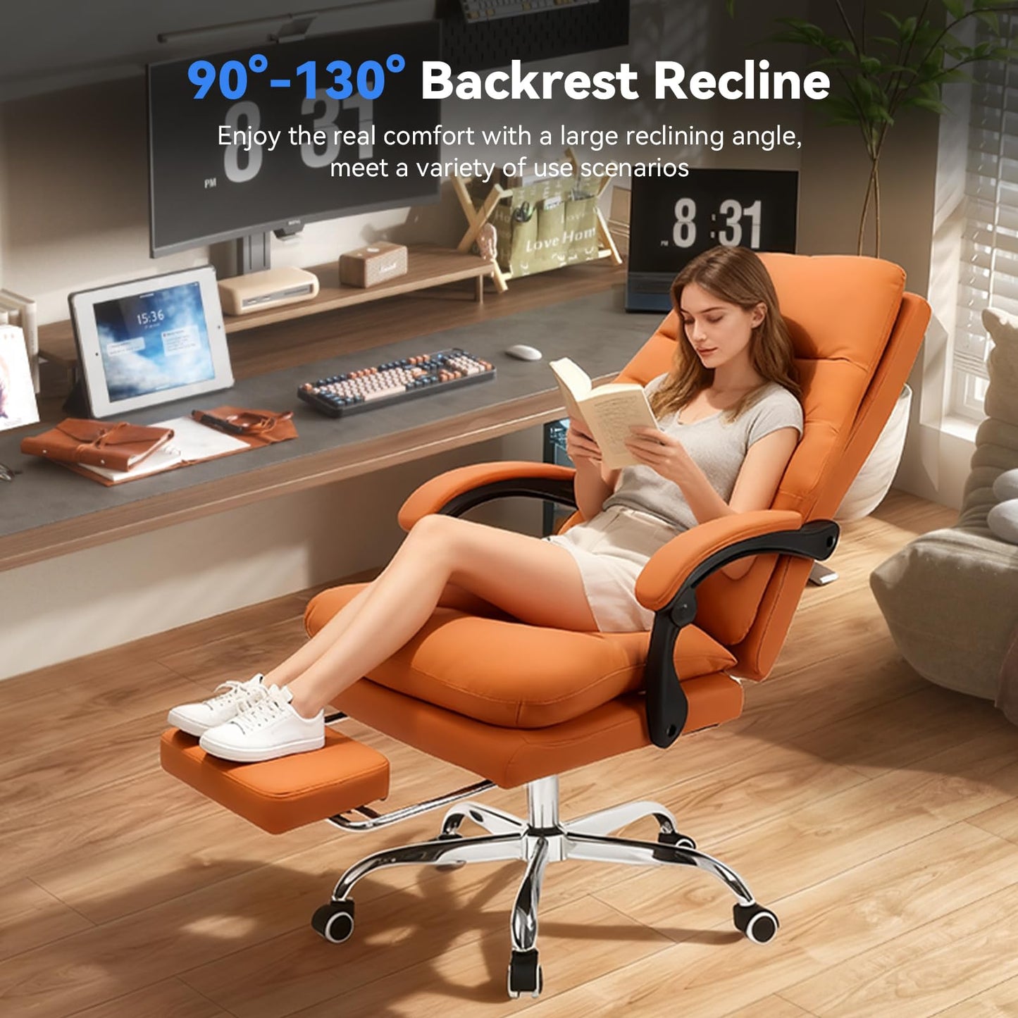 Holiwei Office Chair with Footrest, Big and Tall 400lbs Executive Desk Chair with Thickened Lumbar Support Pillow, High Back PU Leather Reclining Computer Chair, Ergonomic Swivel Task Chair, Brown