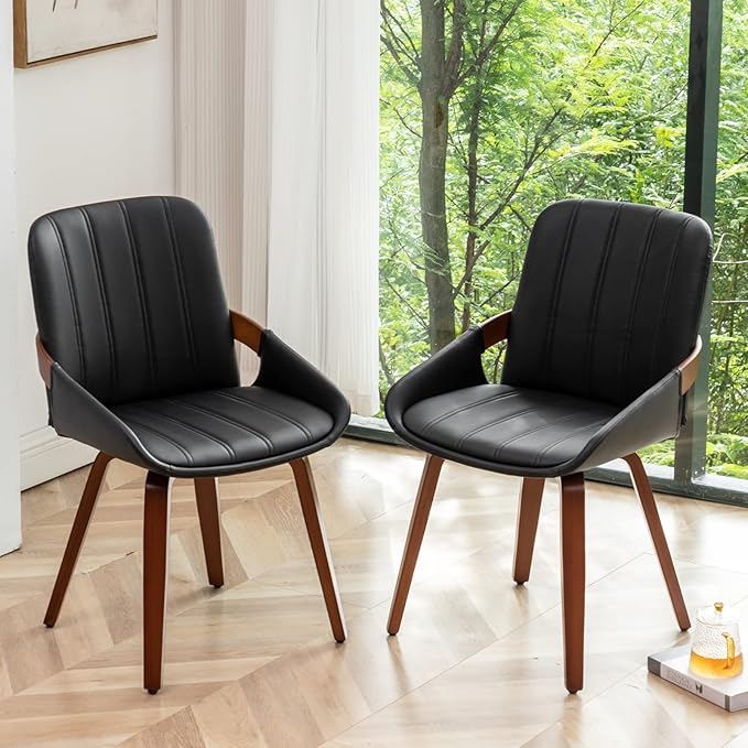 YOUUGIOR Mid Century Modern Faux Leather Upholstered Dining Chairs,Armless Accent Chairs with Sturdy Natural Wood Legs,Bamboo Backrest Support for Kitchen&Dining Room Chairs(1PCS,Black)