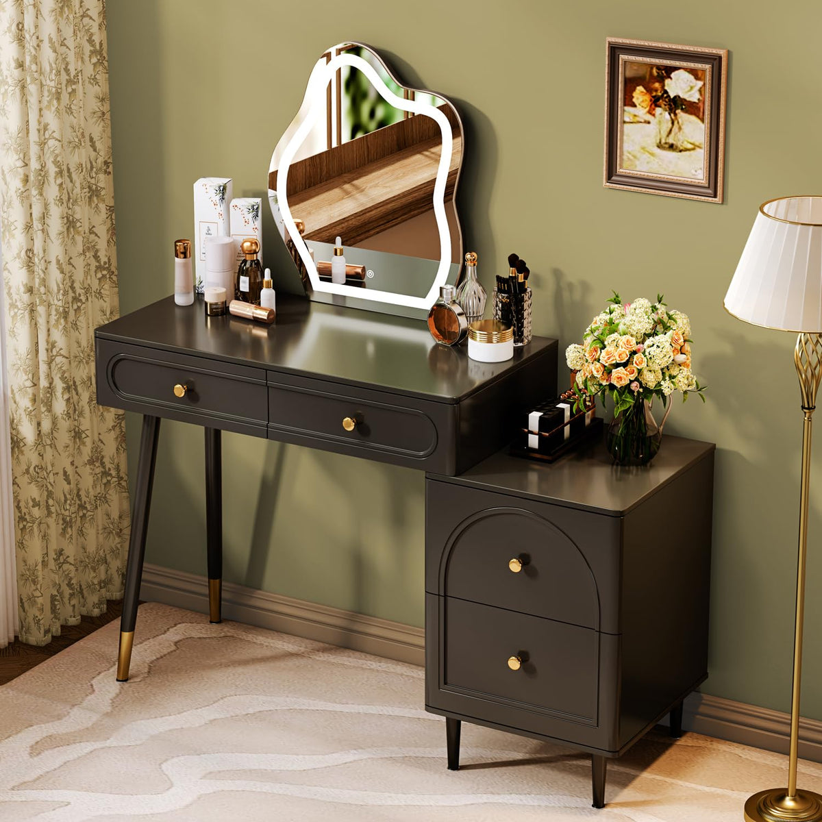 Chrangmay 31.5" White Stylish Corner Makeup Vanity Table,with Lighted Mirror and 4 Spacious Drawers,Bedroom Essential Dressing Table with Nightstand,Modern Minimalist Writing Desk for Girls,Black