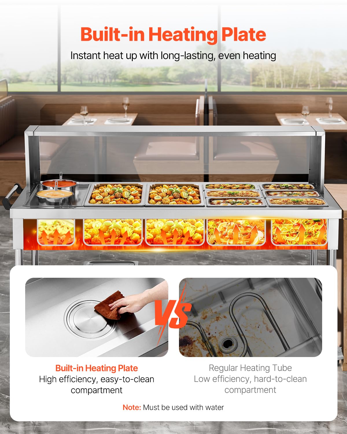 VEVOR Commercial Food Warmer, 8 Pans + 2 Pots Electric Steam Table, 1800W Professional Buffet Catering Food Warmer with Shield Undershelf Wheels, Stainless Steel Server for Party Restaurant